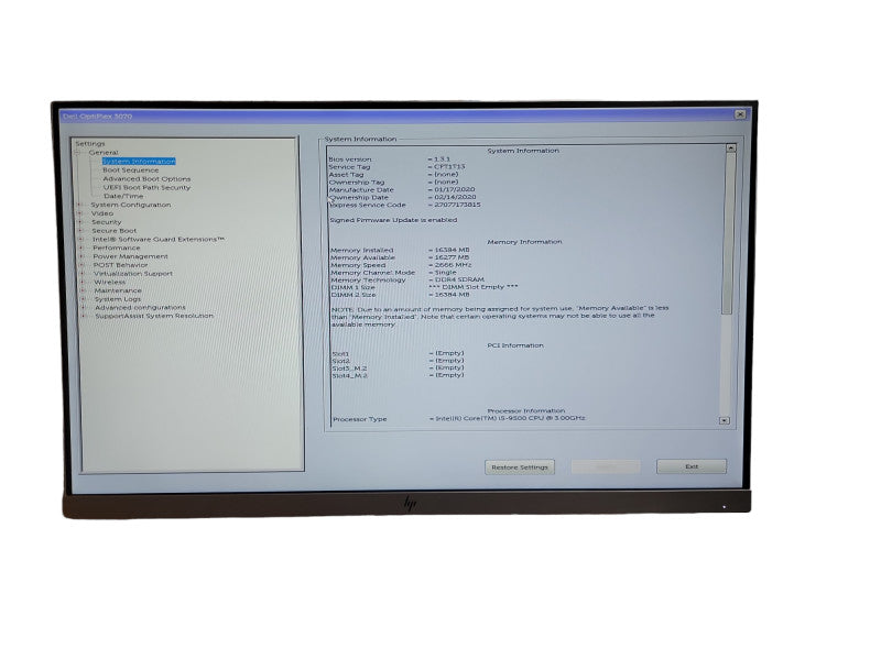 Dell OptiPlex SFF 3070  i5 - 9500 CPU @ 3.00GHz 16GB DDR4 Ram θ