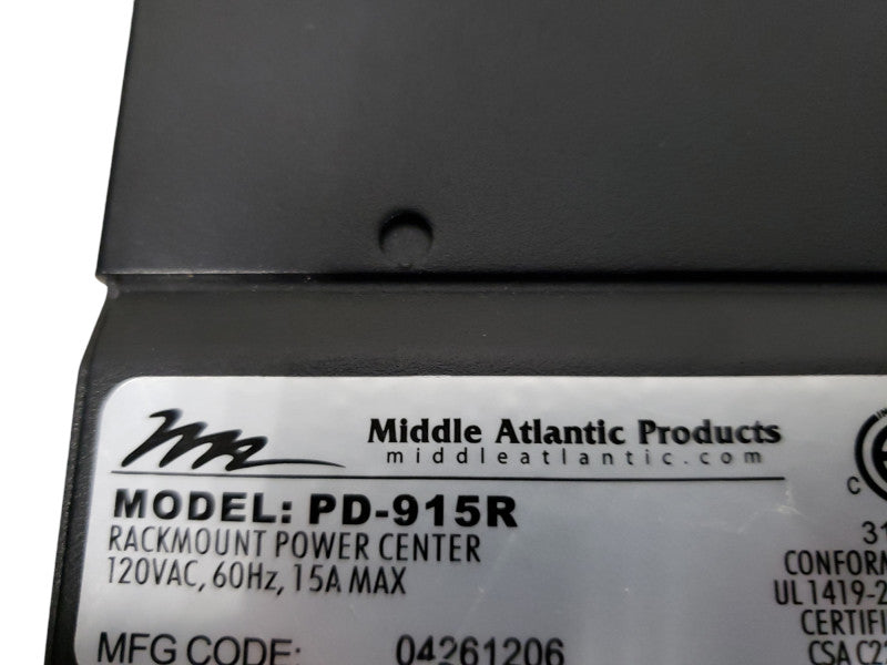 Middle Atlantic Products PD-915R-PL 15 Amp 9 Outlet Surge Protection Power St