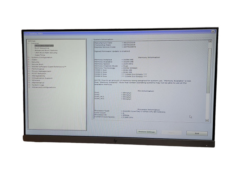 Dell OptiPlex 7060 SFF i7 - 8700 CPU @ 3.20GHz 16GB DDR4 Ram θ