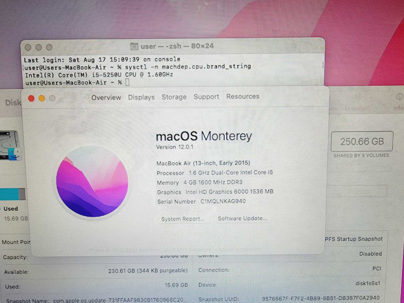 Apple Macbook Air 2015 13" 2-Core i5-5250U @ 1.6GHz 4GB DDR3 256GB SSD (