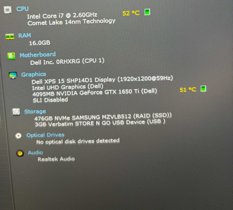 Dell XPS 15 9500 i7-10750H@2.6GHz GeForce GTX 1650 Ti 4GB GPU 16GB RAM 512SSD  Lap200