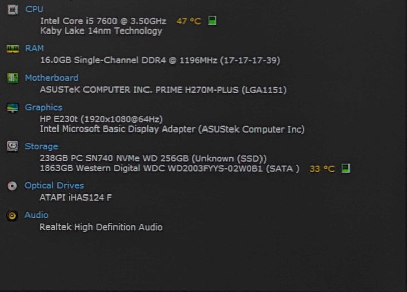 Custom PC/ASUS PRIME H270M-PLUS, i5-7600 3.50GHz, 16GB DDR4, 256GB NVMe, 2TB HDD