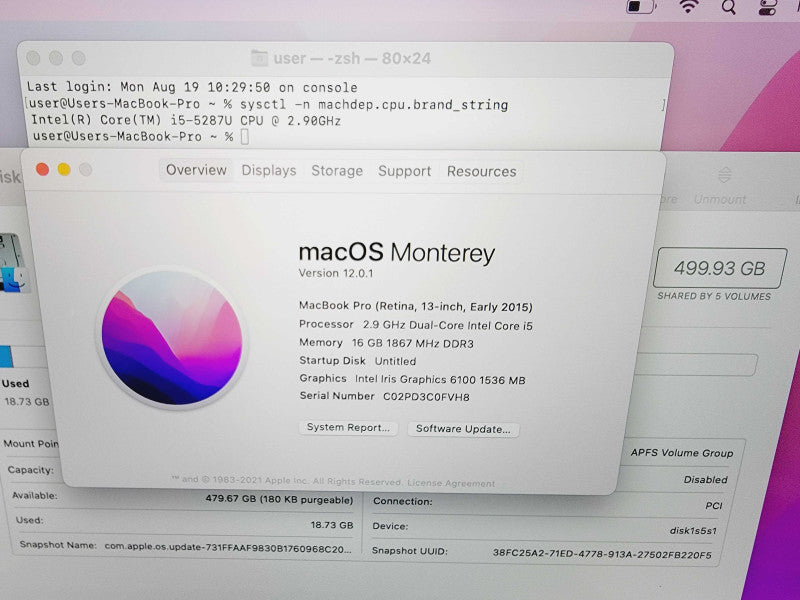 Apple Macbook Pro Retina 2015 13" 2-Core i5-5287 @ 2.9GHz 16GB DDR3 512GB SSD (