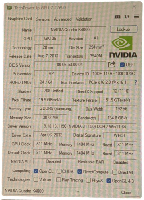 NVIDIA QUADRO K4000 3GB | 1x DVI 2x Display Port