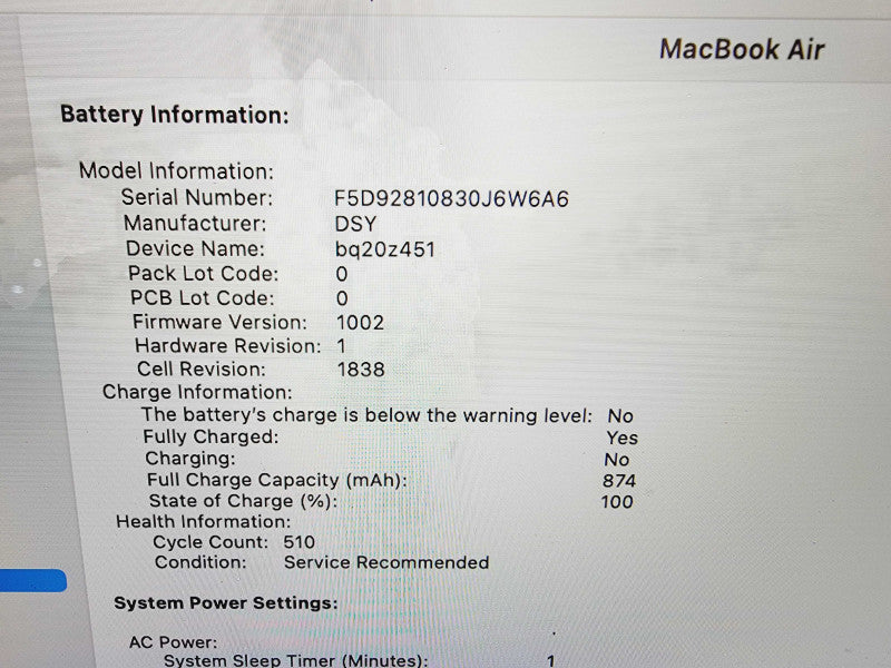 Apple Macbook Air Retina 2019 13" 2-Core i5-8210Y @ 1.6GHz 8GB DDR3 120GB SSD (