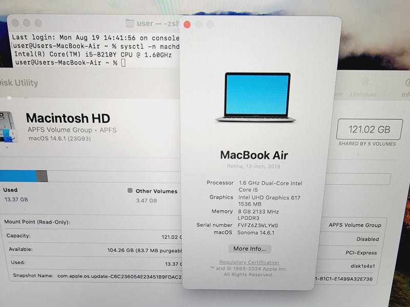 Apple Macbook Air Retina 2019 13" 2-Core i5-8210Y @ 1.6GHz 8GB DDR3 120GB SSD (