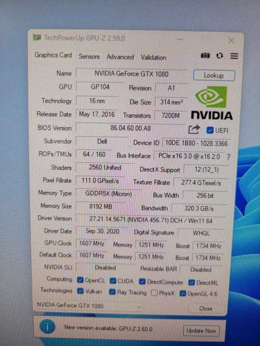 DELL Nvidia GeForce GTX 1080 8GB GDDR5X Graphics Card GPU XHY8P 0XHY8P %