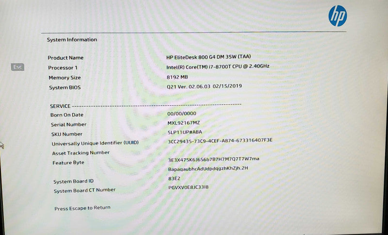 HP EliteDesk 35W 800 G4 i7-8700T CPU 8GB RAM W/ Power Adapter