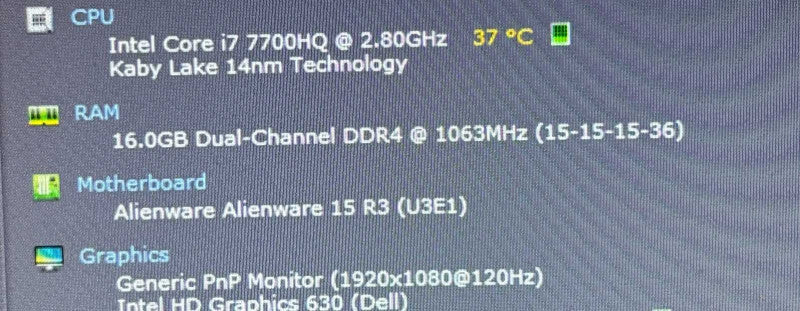 Alienware 15 R3 i7-7700HQ@2.8Ghz GTX 1060 6GB GPU 16GB 512SSD No Battery READ  Lap200