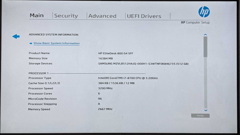 HP EliteDesk 800 G4 SFF, i7-8700 3.20GHz 6C, 16GB DDR4, 512GB NVMe