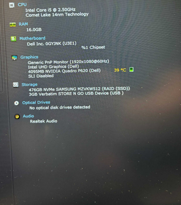 Dell Precision 3551 i5-10300H@2.5GHz QUADRO P620 4GB GPU 16GB RAM 512SSD READ  Lap200