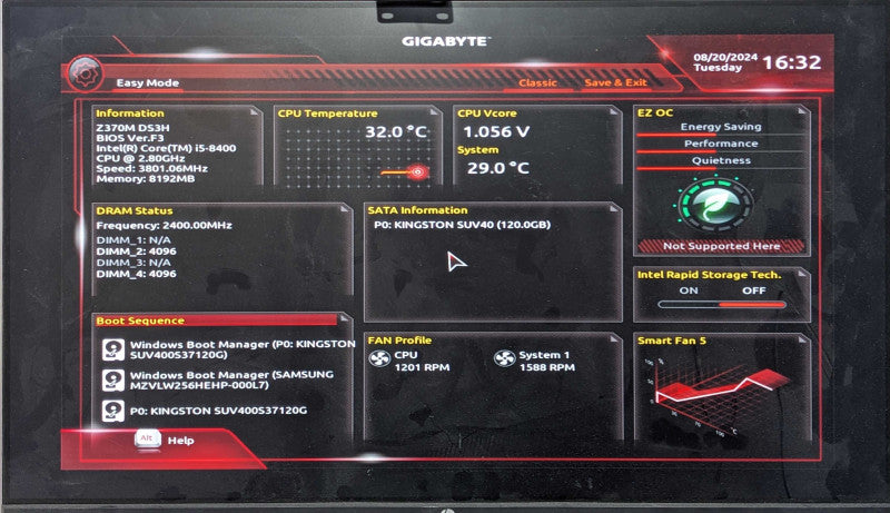 Custom 2U Server, GIGABYTE Z370M DS3H, i5-8400 2.80GHz, 8GB DDR4, 120GB SSD, 256GB NVMe, 1x PSU