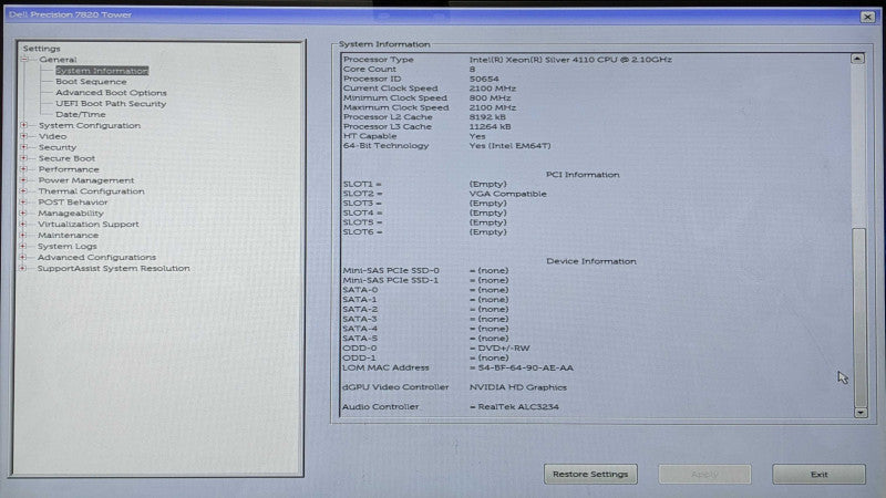 Dell Precision 7820, Xeon Silver 4110 2.10GHz 8C, 40GB DDR4, QUADRO K4200