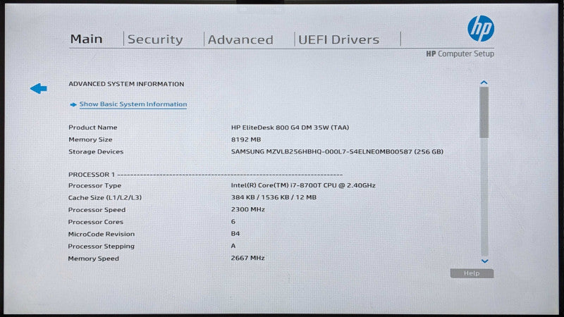 HP EliteDesk 800 G4 DM USFF, i7-8700T 2.40GHz 6C, 8GB DDR4, 256GB NVMe, PWR
