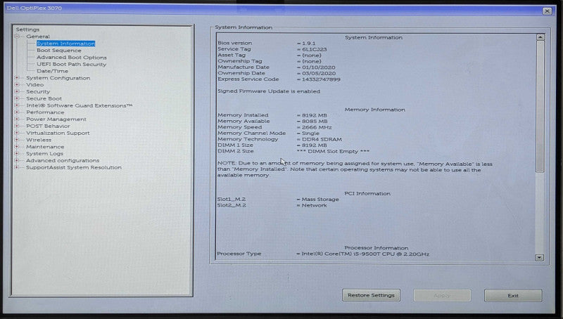 Dell OptiPlex 3070 Micro, i5-9500T 2.20GHz 6C, 8GB DDR4, 256GB NVMe, Wi-Fi