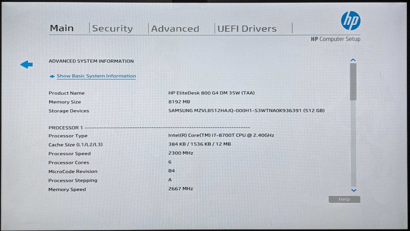 HP EliteDesk 800 G4 DM USFF, i7-8700T 2.40GHz 6C, 8GB DDR4, 512GB NVMe, PWR