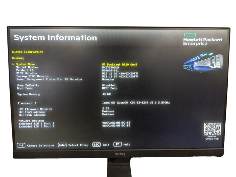 HP Proliant DL20 Gen9 | Xeon E3-1240 v5 | 40GB DDR4 | No HDD | B140i