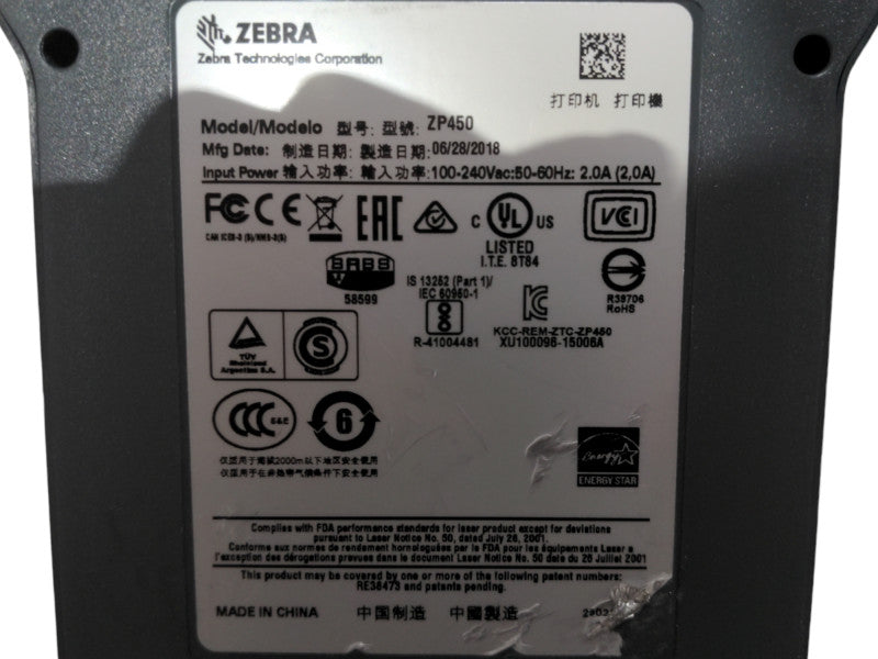 Zebra ZP450 Direct Thermal Label Printer w/ base power supply