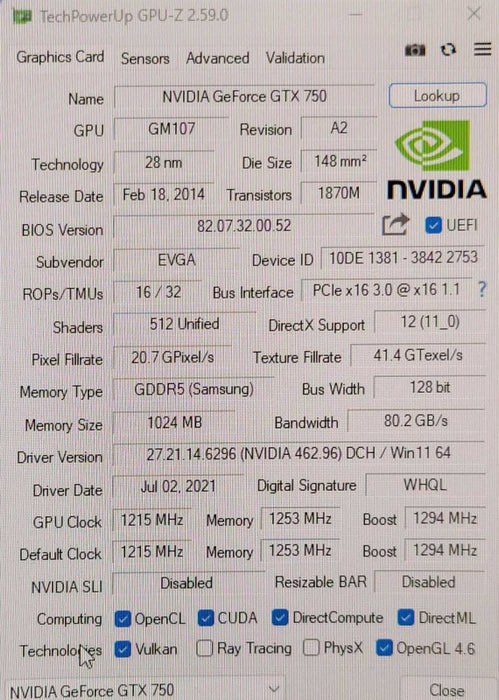 EVGA GeForce GTX 750 SC 1GB GDDR5 Video Graphics Card  _