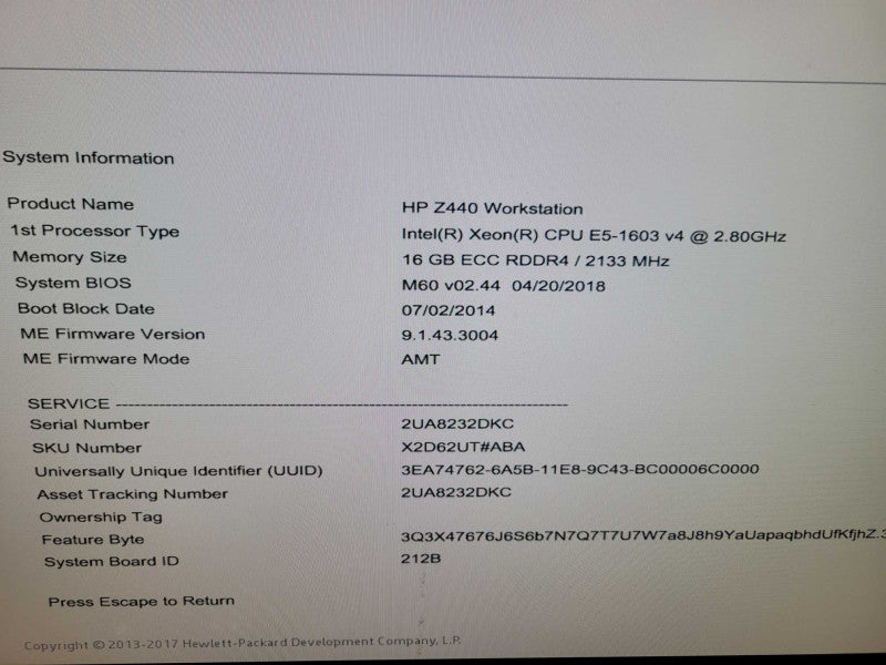 HP Z440 Xeon E5-1603 v4 | 16GB RAM | NO HDD | QUADRO NVS 310 | 700WPSU %
