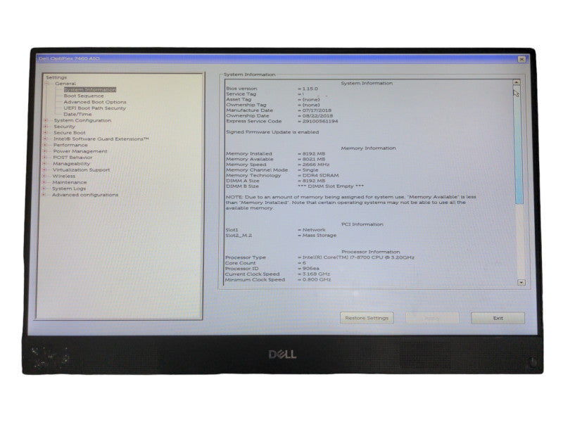 Dell Optiplex 7460 AIO, i7-8700 3.20GHz 6C, 8GB DDR4, 256GB NVMe, No Stand Q