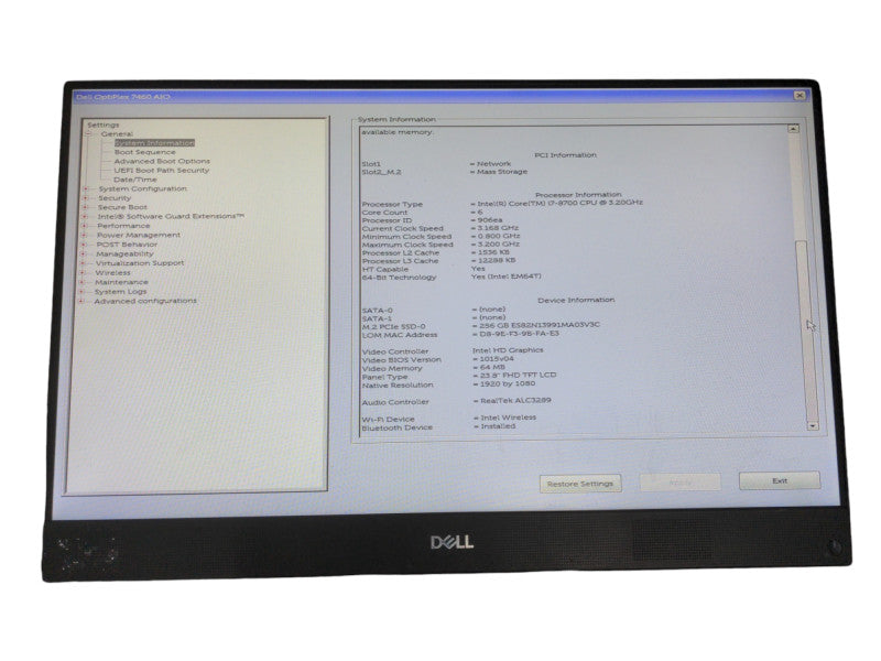 Dell Optiplex 7460 AIO, i7-8700 3.20GHz 6C, 8GB DDR4, 256GB NVMe, No Stand Q