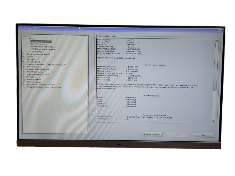 Dell Inspiron 3670 Intel i5 - 9400 CPU @ 2.90GHz 16GB DDR4 Ram θ
