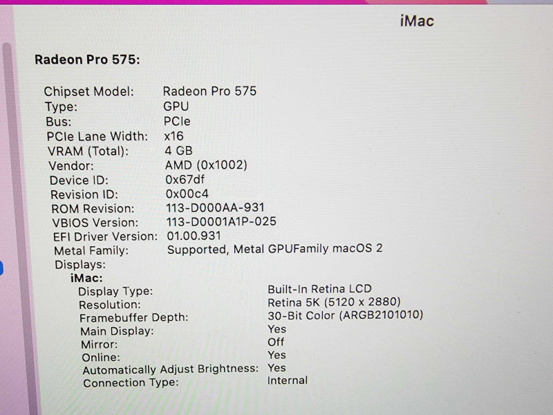 Apple iMac Retina 5K 2017 27" 4-Core i5-7600 @ 3.5GHz 16GB DDR4 512GB SSD Radeon Pro 575 4GB (