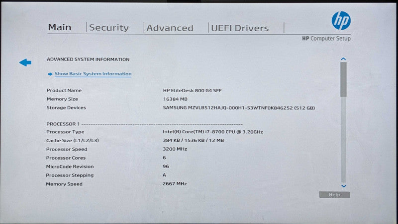 HP EliteDesk 800 G4 SFF, i7-8700 3.20GHz 6C, 16GB DDR4, 512GB NVMe