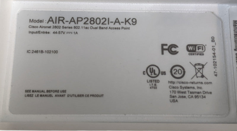 Cisco 2802I Wireless AP | AIR-AP2802I-A-K9 | 802.11ac Dual Band AP*READ*