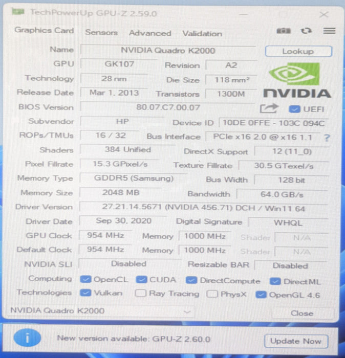 NVIDIA QUADRO K2000 2GB | 1x DVI 2x Display Port
