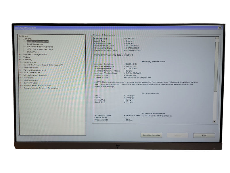 Dell OptiPlex SFF 3070 Intel Core i5 - 9500 CPU @ 3.00GHz 16GB DDR4 Ram θ