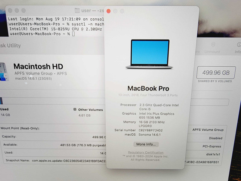 Apple Macbook Pro 2018 13" 4-Core i5-8259U @ 2.3GHz 16GB DDR3 512GB SSD (