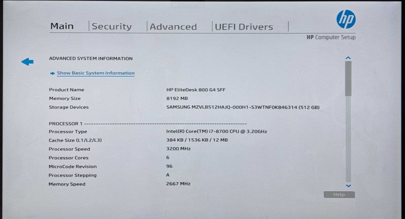 HP EliteDesk 800 G4 SFF, i7-8700 3.20GHz 6C, 8GB DDR4, 512GB NVMe