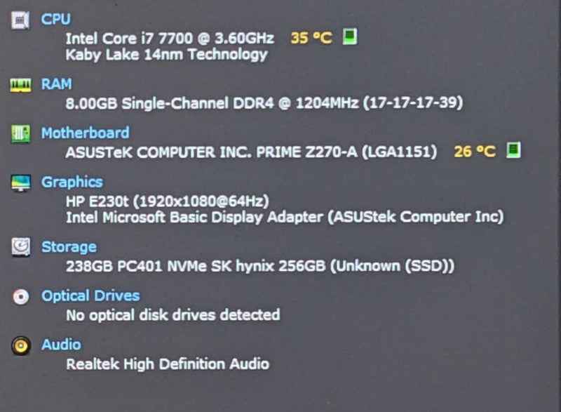 Custom PC/ASUS Prime Z270-A, i7-7700 CPU 3.60GHz, 8GB DDR4, 256GB NVMe