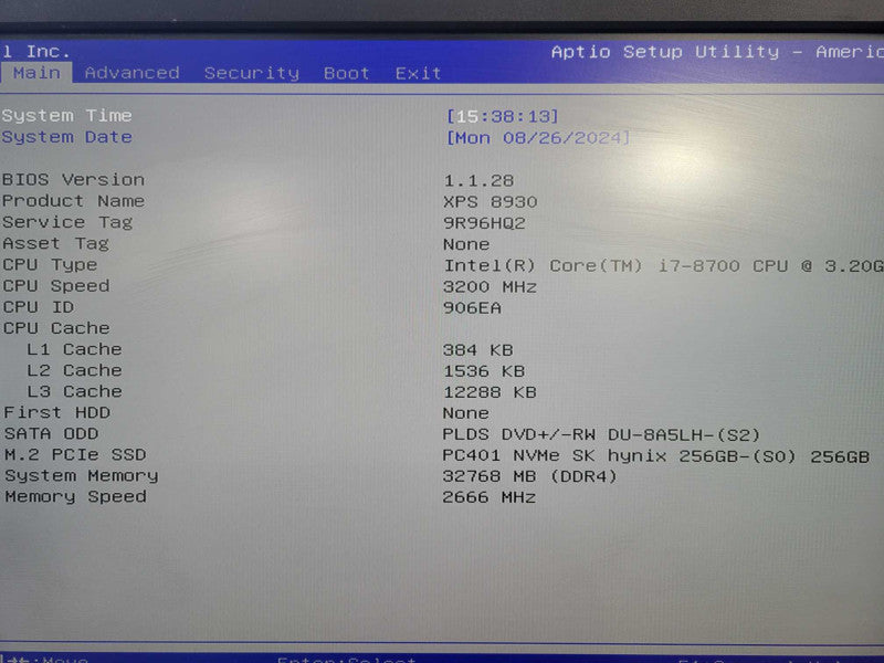 Dell XPS 8920 i7 - 8700 CPU @ 3.20GHz 32GB DDR4 Ram 256GB NVMe No GPU !