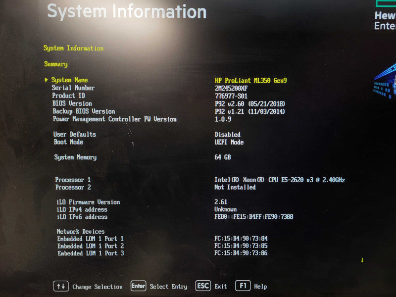 HP ProLiant ML350 Gen9 1x Xeon E5-2620v3 2.40Ghz, 64GB, P440ar, 2x PSU, 2.5" $