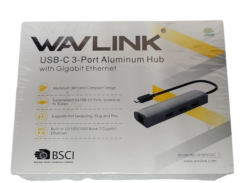 New Wavelink WL-UH3031GC USB-C 3-Port Aluminum Hub w/ Gig Ethernet _