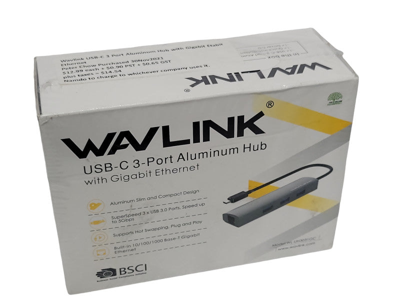 New Wavelink WL-UH3031GC USB-C 3-Port Aluminum Hub w/ Gig Ethernet _