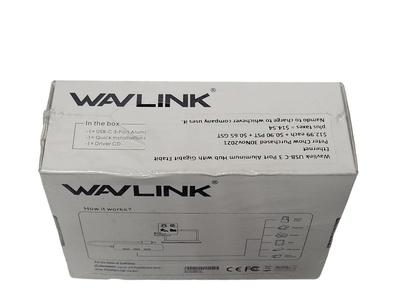 New Wavelink WL-UH3031GC USB-C 3-Port Aluminum Hub w/ Gig Ethernet _
