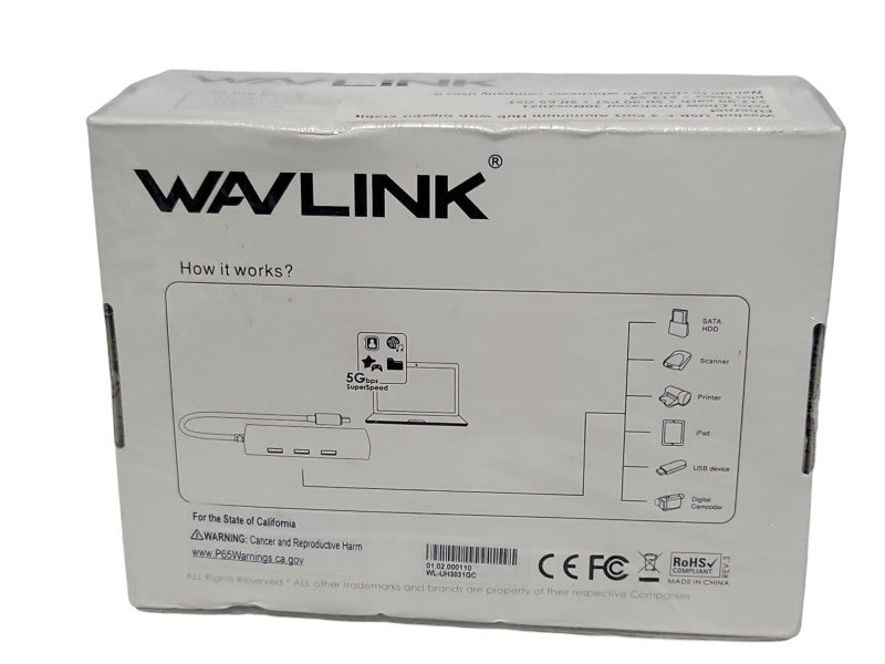 New Wavelink WL-UH3031GC USB-C 3-Port Aluminum Hub w/ Gig Ethernet _