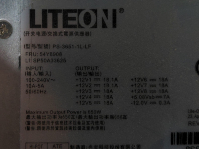 LITEON PS-3651-1L-LF POWER SUPPLY 650W LENOVO THINKSTATION 54Y8908