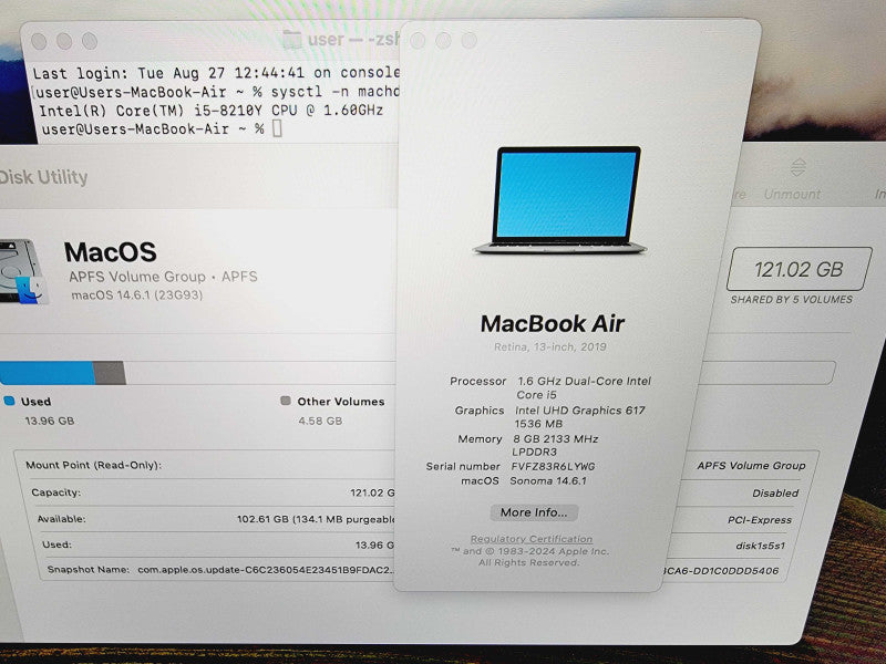 Apple Macbook Air Retina 2019 13" 2-Core i5-8210Y @ 1.6GHz 8GB DDR3 120GB SSD (