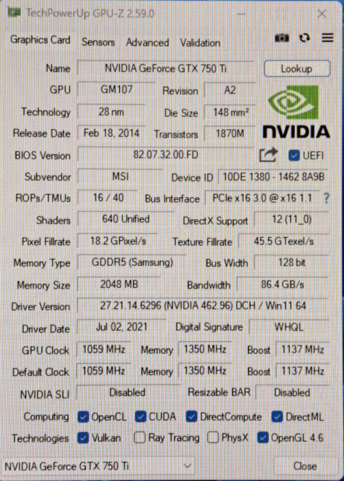 MSI NVIDIA GeForce GTX 750 Ti PCI Express PCI-E Graphics Card N750Ti-2GD5/OC