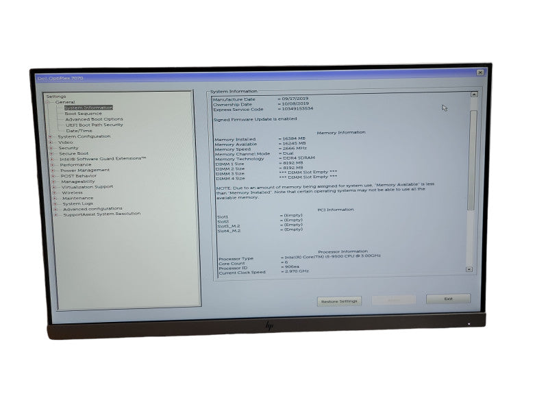 Dell OptiPlex 7070 SFF Intel i5 - 9500 CPU @ 3.00GHz 16GB DDR4 Ram θ