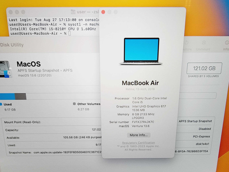 Apple Macbook Air Retina 2018 13" 2-Core i5-8210Y @ 1.6GHz 8GB DDR3 120GB SSD (
