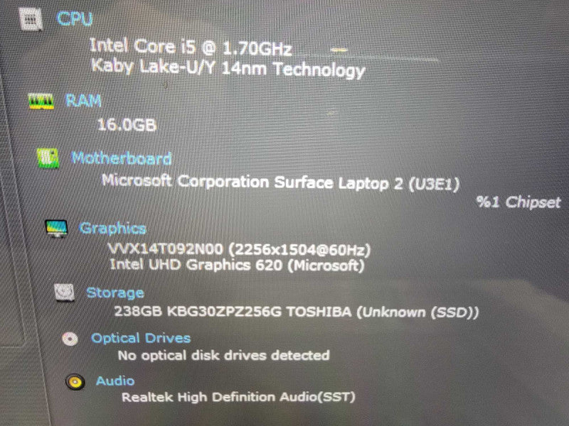 MS Surface Laptop 2 1769 | i5-8350U @1.7GHz | 16GB RAM | 256GB SSD  Lap200