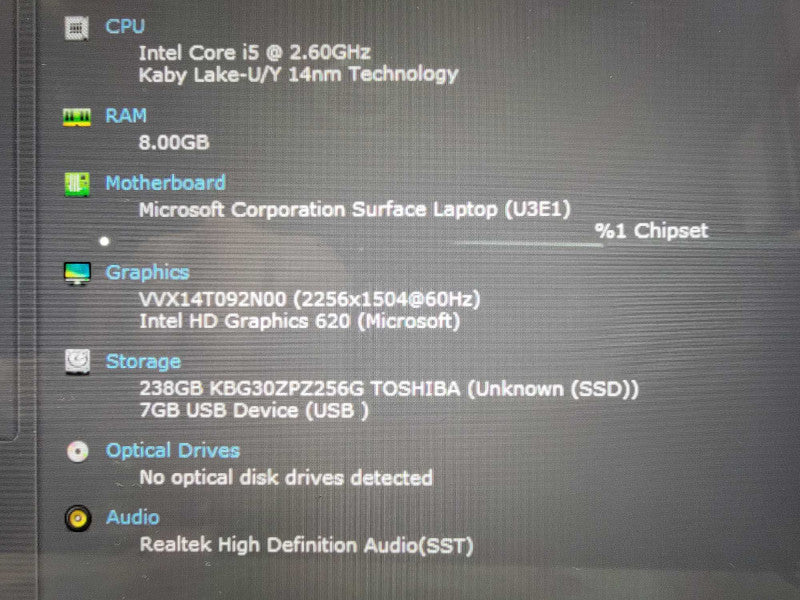 Microsoft Surface Laptop 1769 | i5-7300U @2.6GHz | 8GB RAM | 256GB SSD  Lap200