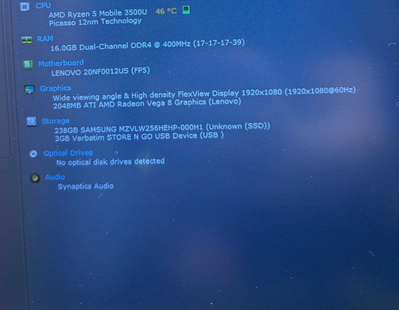 Lenovo ThinkPad E595 AMD Ryzen 5 3500 Radeon Vega 8 GPU 16GB RAM 256GB SSD  Lap200