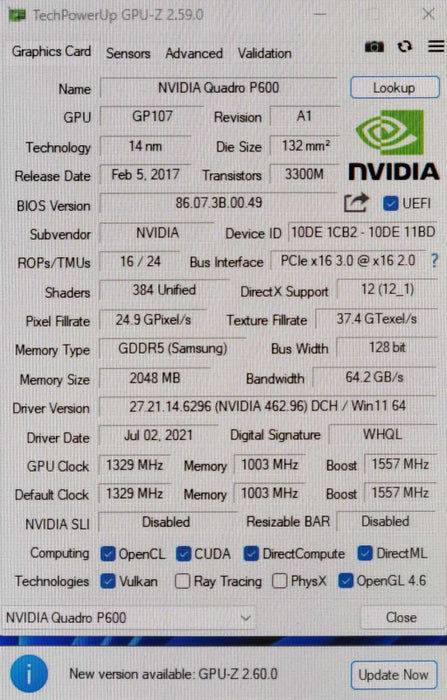 NVIDIA Quadro P600 2GB GDDR5 FH Bracket 4x Mini DisplayPort _